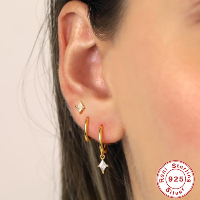 S925 Sterling Silver New Creative Rhombus Pendant Hoop Earrings Amazon Hot Selling Light Luxury Elegant Ins Style Earrings