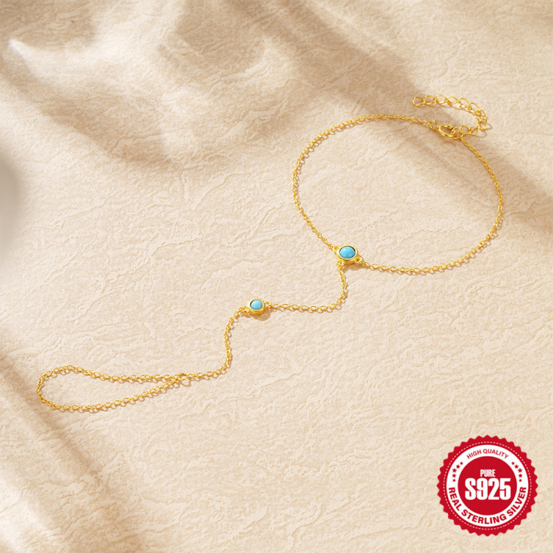S925 Sterling Silver Vintage Inlaid Turquoise Versatile Women's Ring Chain Basic Interlocking Bracelet Multi-layer Stacking Bracelet