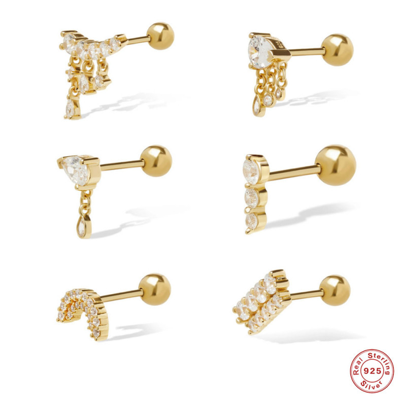 S925 Sterling Silver Geometric Diamond-Studded Ear Bone Piercing Stud European and American Hot Selling INS Style Threaded Piercing Stud