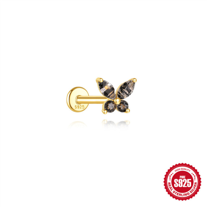 S925 Sterling Silver Horse Eye Tassel Black Rutilated Quartz Natural Stone Flat Head Threaded Piercing Ear Bone Stud European and American Hot Selling Ear Jewelry