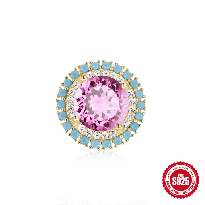 S925 Sterling Silver Round Inlaid Diamond Turquoise Earrings Ear Studs European and American Fashion Light Luxury Ins Style Pure Silver Ear Jewelry Earrings