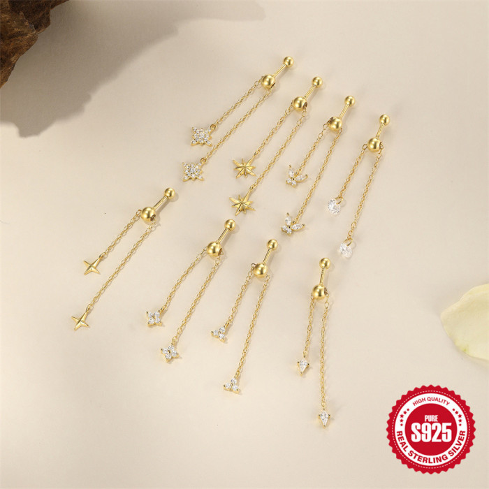 New S925 Sterling Silver Tassel Chain Adjustable Diamond-Studded Round Bead Threaded Piercing Ear Bone Stud European and American Hot-Selling Earrings