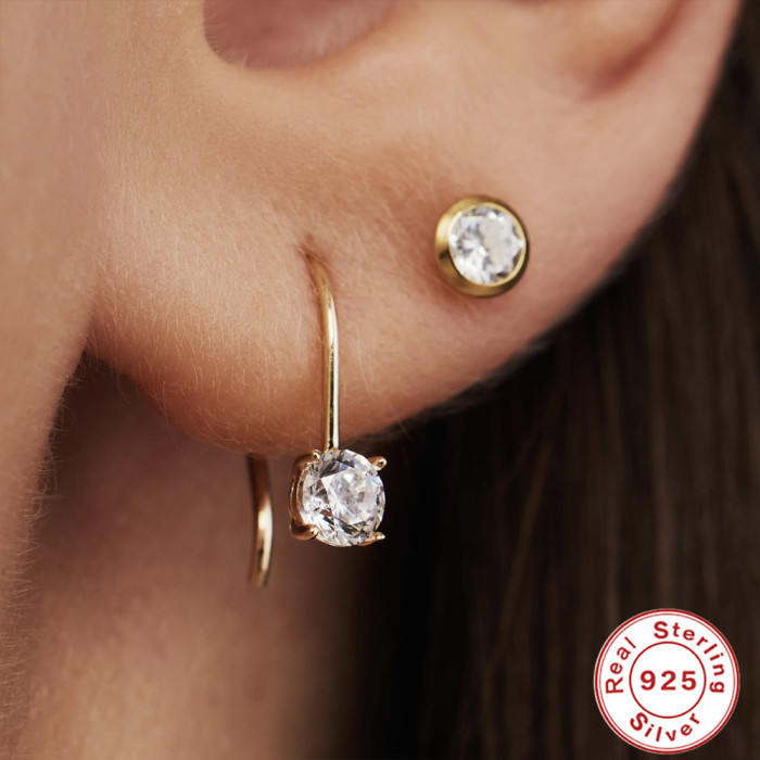 S925 Sterling Silver INS Smooth Hoop Earrings C-shaped Inlaid with Colored Diamonds Hoop Earrings Ear Clips Earrings for Women Korean Style Niche Design Ear Jewelry