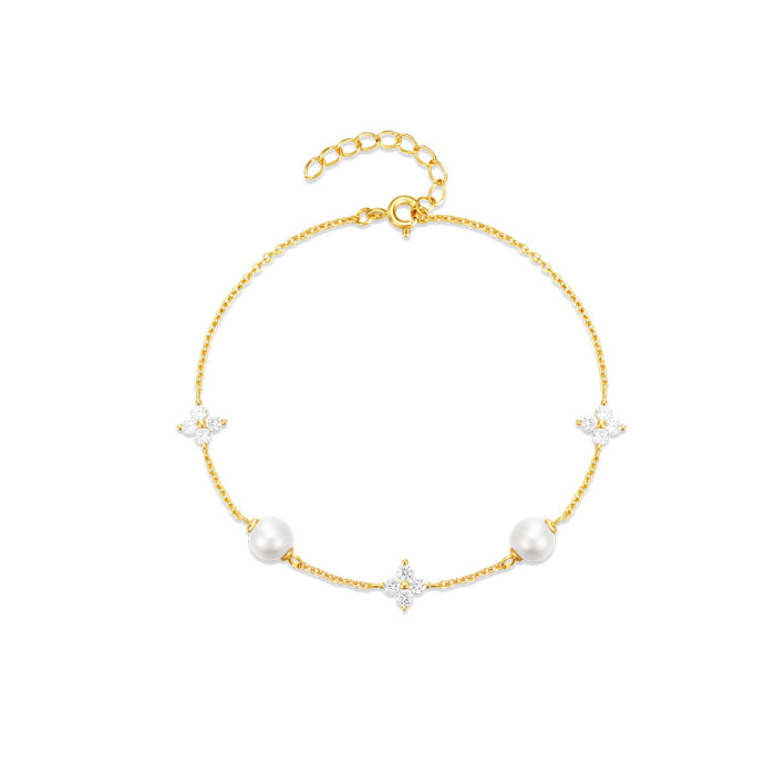 S925 Sterling Silver Leaf Grass Pearl Ins Fashionable Elegant Bracelet Korean Version Hot-Selling High-End Niche Desi...