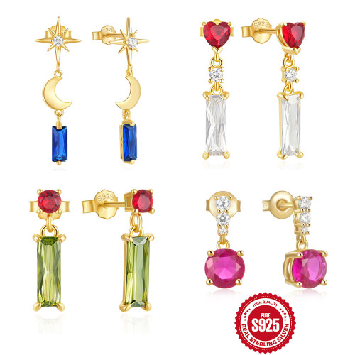 New 925 Sterling Silver Heart Eight-Pointed Star Inlaid Diamond Crescent Moon Versatile Earrings European and American French Style Colorful Diamond Stud Earrings