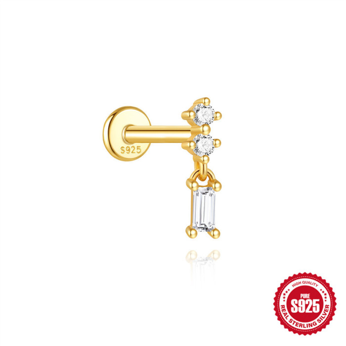 S925 Sterling Silver Geometric Tassel with Diamond Flat Head Threaded Piercing Ear Bone Stud European and American Hot Selling Personality Versatile Ear Jewelry