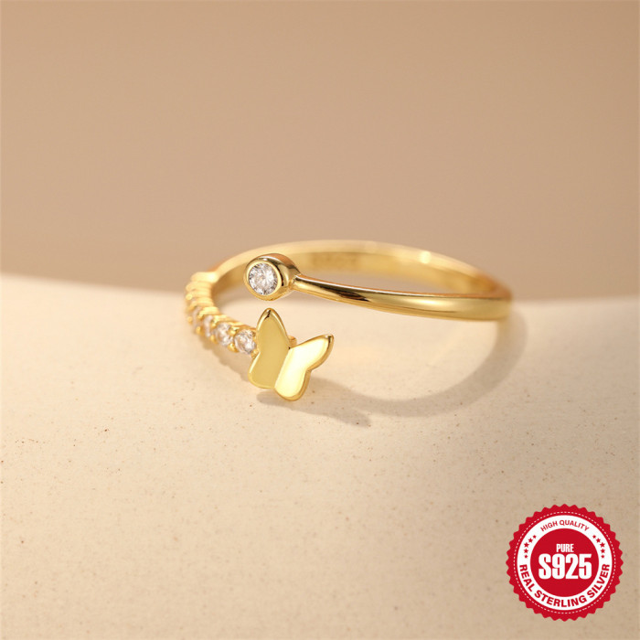 S925 Sterling Silver Zircon Classic Butterfly Simple Open Regular Ring Korean Version Niche Design Index Finger Ring