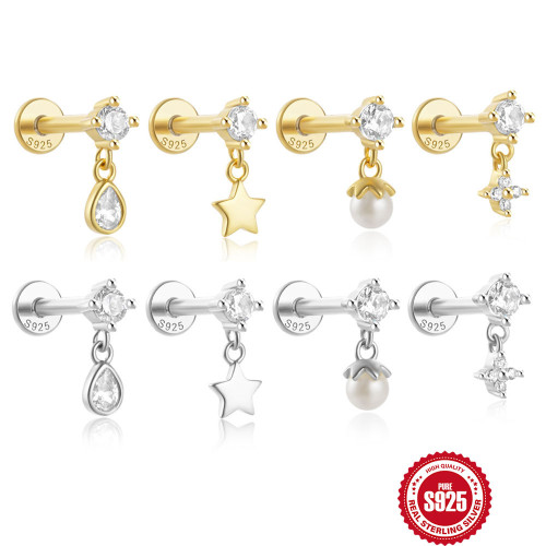 925 Sterling Silver Five-Pointed Star Water Drop Inlaid Diamond Flat Head Threaded Piercing Ear Bone Stud European and American Hot-Selling Elegant Pearl Earrings