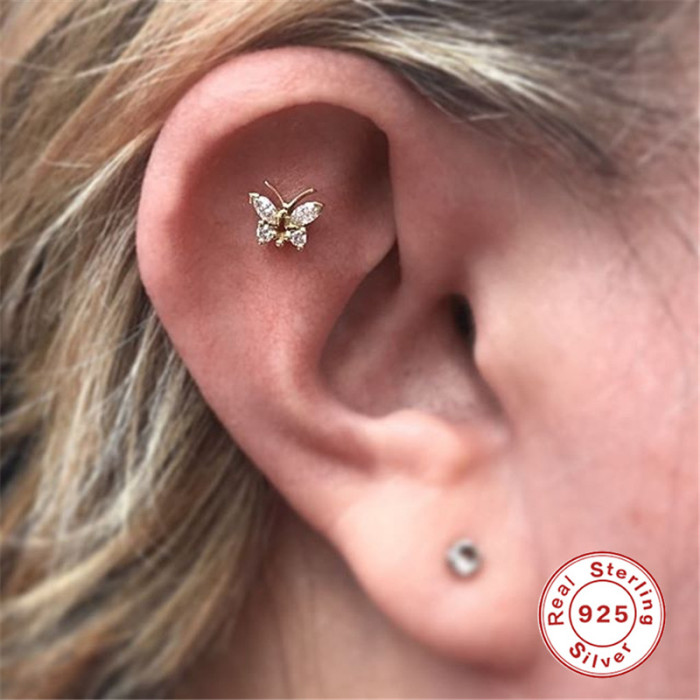 S925 Sterling Silver Butterfly Inlaid Diamond Piercing Cartilage Single Earring European and American Trendy Fashion INS Style Ear Bone Stud Earrings
