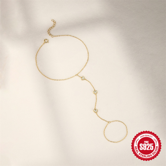 S925 Sterling Silver Heart-Shaped Diamond-Encrusted Bracelet Ring Chain Korean Style Niche Design Sense Elegant Versatile Ring Chain Bracelet