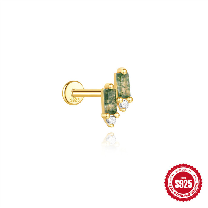 S925 Sterling Silver Natural Moss Aquatic Plant Agate Flat Head Threaded Piercing Ear Bone Stud European and American Hot-Selling Elegant Ear Jewelry