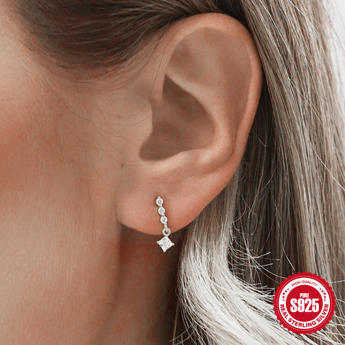 S925 Sterling Silver Single Row Diamond-Studded Super Sparkling Earrings Stud Earrings European and American Cross-Border Hot Selling INS Square Diamond Elegant Earrings