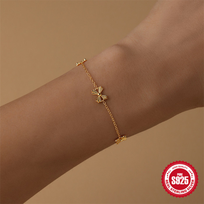 New S925 Sterling Silver Bowknot Stone-Inlaid Personality Versatile Bracelet French Style Temperament Hot-Selling T...