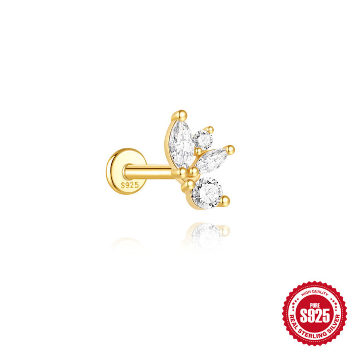 S925 Sterling Silver Heart Geometric Zircon Inlaid Diamond Flat Head Threaded Piercing Ear Bone Stud AliExpress Hot Selling Classic Earrings