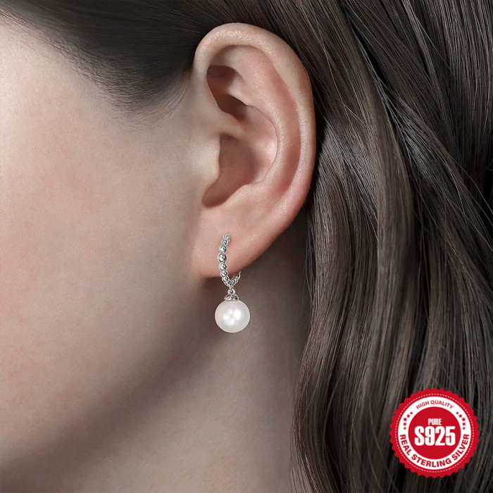 S925 Sterling Silver Small Round Pearl Smooth Pearl Hoop Earrings Ear Clips Earrings Hot Sale Elegant Temperament Ear...