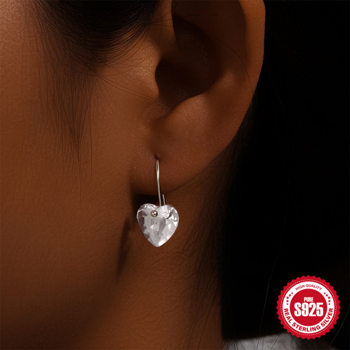 S925 Sterling Silver Diamond-Studded Minimalist Heart Elegant Versatile Ear Hook Earrings Korean and Japanese Light Luxury Niche High-End Earrings for Women