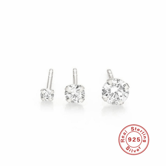 S925 Sterling Silver Simple Personality INS Four-Prong Single Stone Stud Earrings Korean Version Light Luxury Elega...