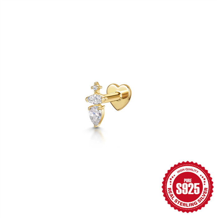 925 Sterling Silver INS Style Inlaid Diamond Octagonal Star Heart Flat Head Soft Bone Piercing Ear Bone Stud European and American New Style Threaded Earrings