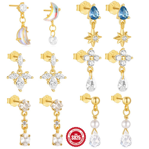 S925 Sterling Silver Ultra Sparkling Diamond Moonstone Light Luxury Earrings European and American Hot Selling Eight-Pointed Star Water Drop Classic Stud Earrings