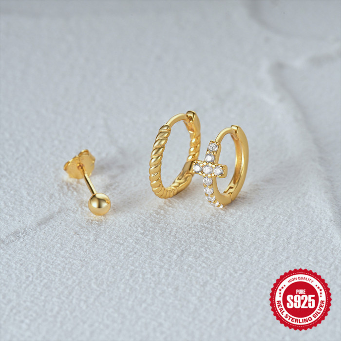 S925 Sterling Silver Cross Round Bead Inlaid Diamond Hoop Earrings Ear Clips Ear Studs AliExpress Bestselling Fashionable Elegant Earring Set