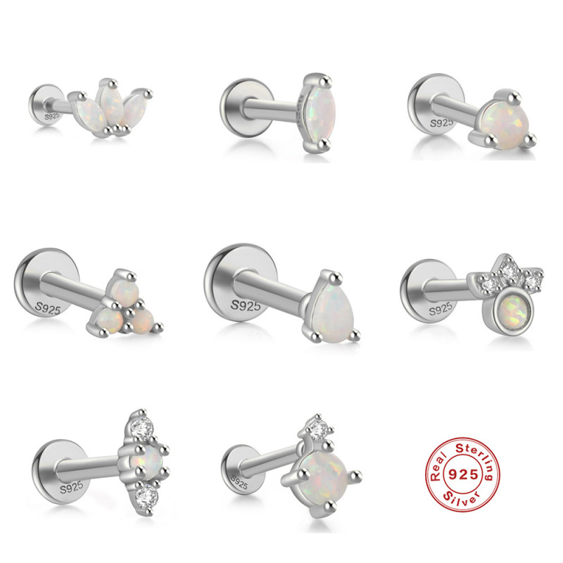 925 Sterling Silver Opal Flat Head Piercing Jewelry Cross-Border Hot Sale High-End Threaded Ear Bone Stud Earrings Jewelry for Women and Men