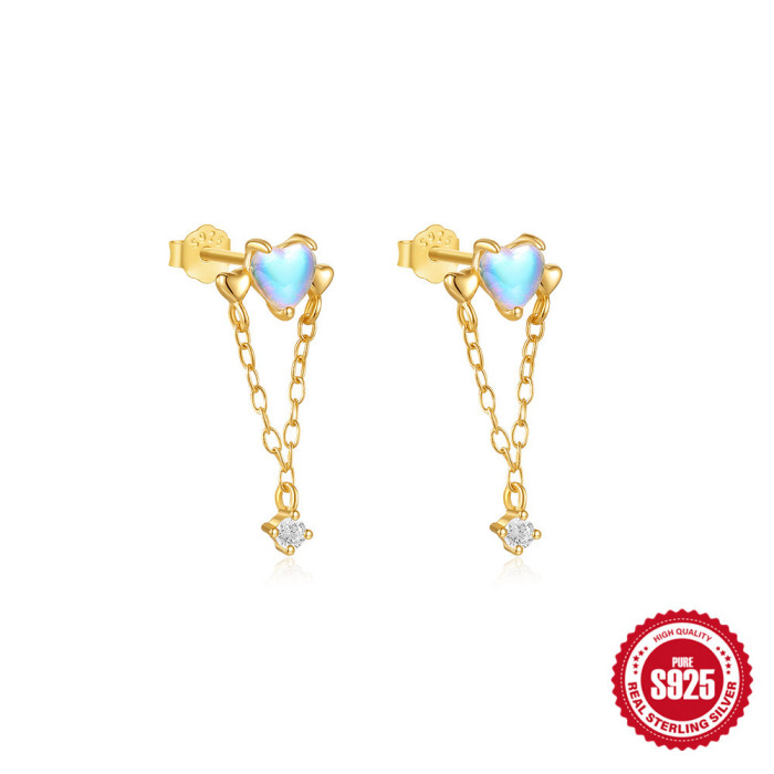 S925 Sterling Silver Inlaid Marquise Zircon Tassel Heart Stud Earrings European and American Hot-Selling Niche Design Earrings
