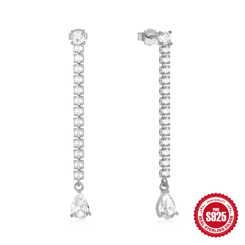 S925 Sterling Silver Mesh Diamond Tassel Chain Stud Earrings European and American Fashion Light Luxury Ins Style Pure Silver Earrings for Women