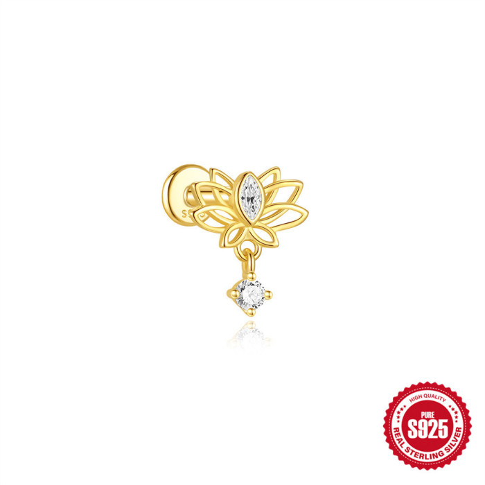 New S925 Sterling Silver Opal Inlaid Diamond Flat Head Threaded Piercing Ear Bone Stud European and American Hot Selling Geometric Pearl Ear Jewelry