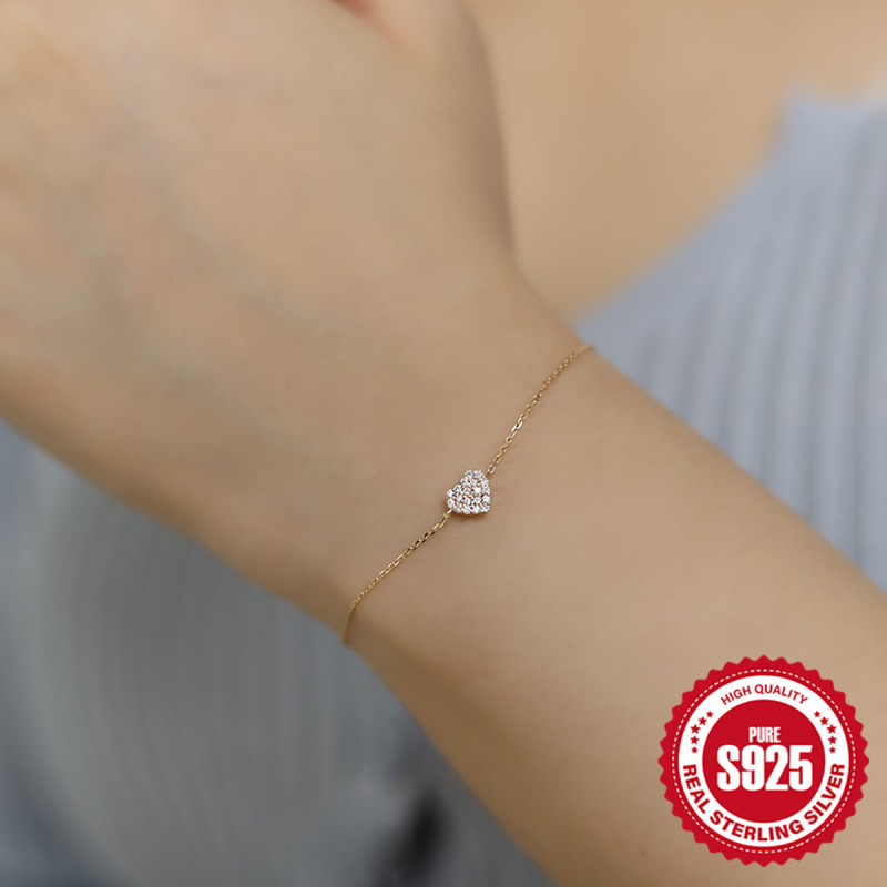 S925 Silver Plated 14K Gold Zircon Heart Adjustable Bracelet Niche Design Japanese Style Versatile Layered Women's Gift