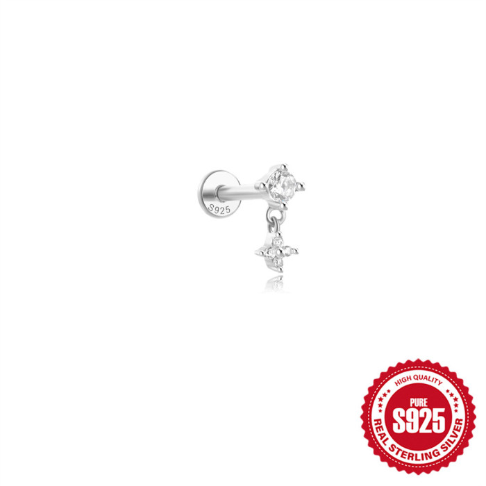 925 Sterling Silver Five-Pointed Star Water Drop Inlaid Diamond Flat Head Threaded Piercing Ear Bone Stud European and American Hot-Selling Elegant Pearl Earrings