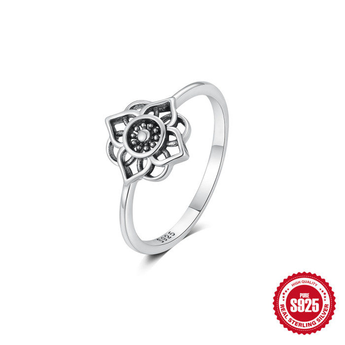 New S925 Sterling Silver Row Diamond Opal Flower Turquoise Ring Fashionable Unique Retro Niche Design Index Finger Tail Ring