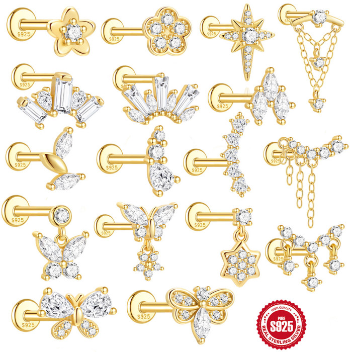 S925 Sterling Silver Irregular Butterfly Crown Inlaid Diamond Flat Head Threaded Piercing Ear Bone Stud European and American Hot Selling Elegant Earrings