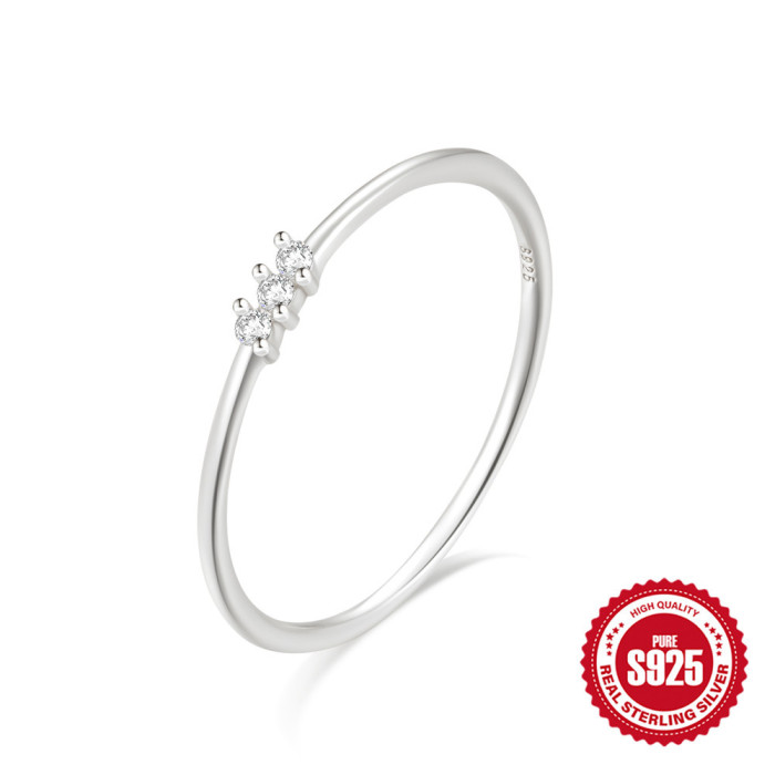 925 Sterling Silver Minimalist Three-Diamond Basic Index Finger Ring European and American Light Luxury INS Women's Ring Commuter Style