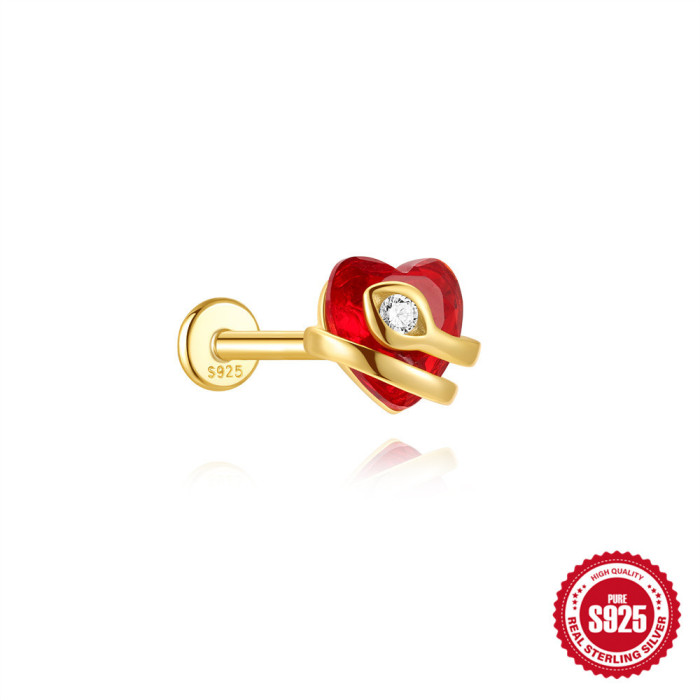 S925 Sterling Silver Oil Drop Sports Heart Flat Head Threaded Piercing Ear Bone Stud New Hot Selling Creative Ear Jewelry