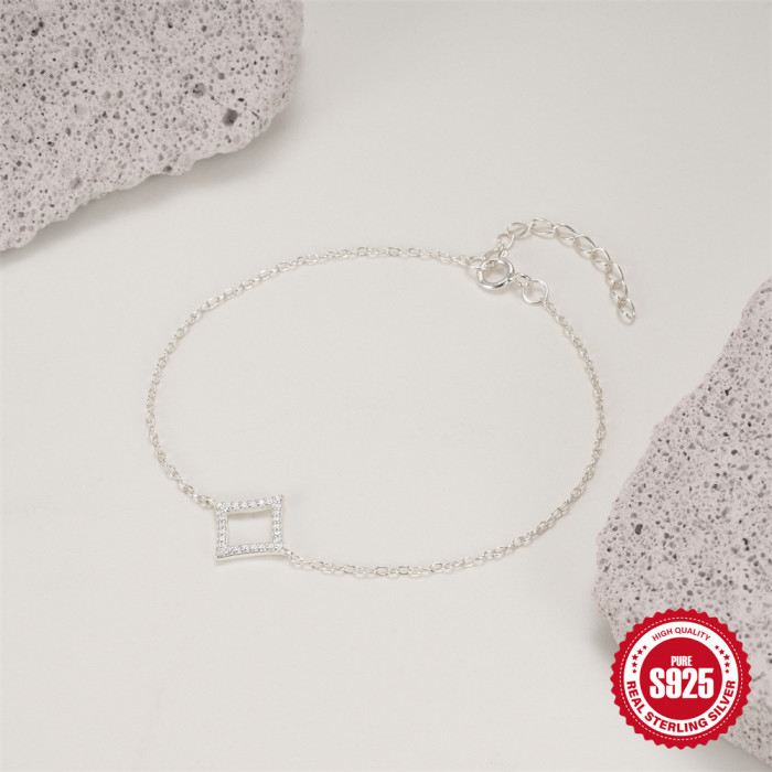 S925 Sterling Silver Trendy Creative Full Diamond Geometric Rhombus Bracelet for Women European and American Fashion Elegant Versatile Simple Jewelry