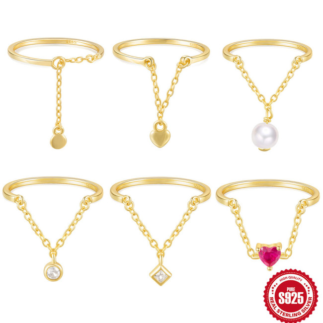 New S925 Sterling Silver Heart-Shaped Tassel Inlaid Diamond Chain Adjustable Ring European and American Hot-Selling Pearl Elegant Index Finger Ring