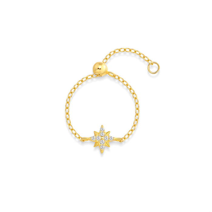 New S925 Sterling Silver Micro Pave Stone Eight-Pointed Star Ring for Women, Simple High-End Adjustable Ring Chain,...