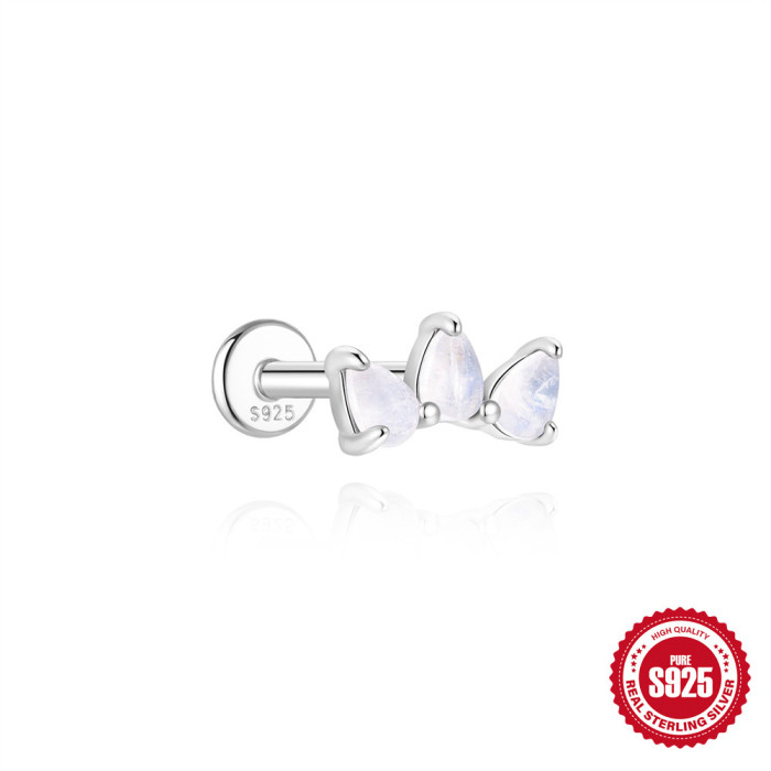 S925 Sterling Silver Inlaid Diamond Natural Moonstone Flat Head Threaded Piercing Ear Bone Stud Korean Version Niche High-end Ear Jewelry