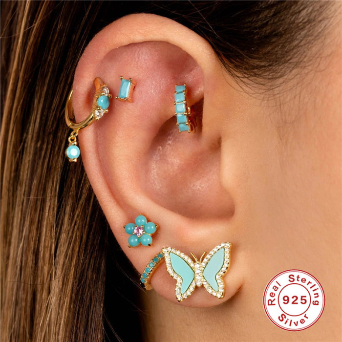 S925 Sterling Silver Turquoise Inlaid Diamond Ear Cuff Hoop Earrings European American French Style Elegant Personality INS Trendy Ear Jewelry