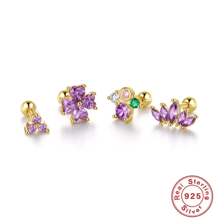 S925 Sterling Silver Four-Leaf Clover Diamond-Studded Piercing Ear Bone Stud Ear Cartilage Stud Earrings AliExpress Hot-Selling Colored Diamond Ear Jewelry