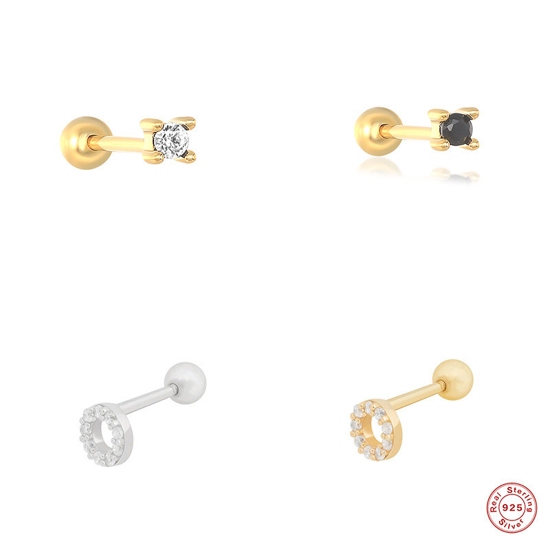 S925 Sterling Silver Four-Claw Three-Dimensional Diamond-Studded Ear Bone Piercing Stud Earrings Cross-Border Bestselling INS Style O-Type Body Piercing Ear Jewelry