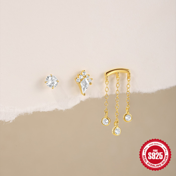 S925 Sterling Silver Flat Column Threaded Piercing Ear Bone Stud Creative Personality Tassel Inlaid Diamond Hot-Selling Earrings Ear Jewelry