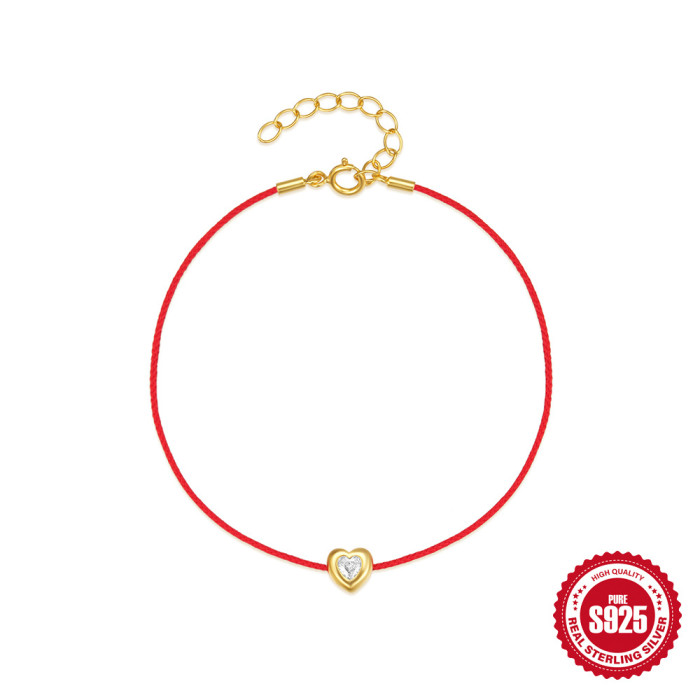 New S925 Sterling Silver Heart Diamond-Studded Red Rope Daily Versatile Bracelet Internet Celebrity Same Style Hot-Selling Niche Personality Jewelry