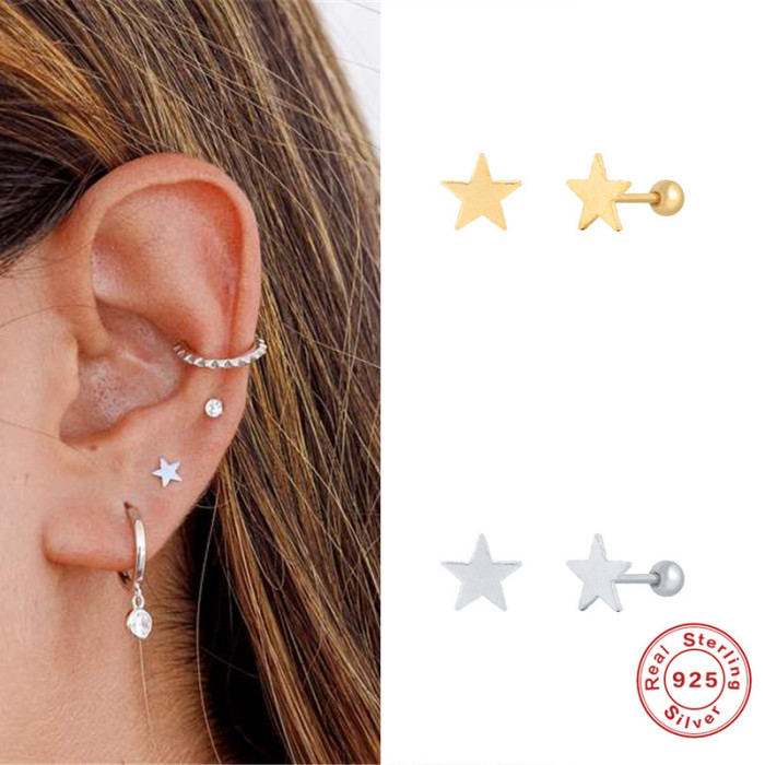 S925 Sterling Silver Simple Smooth Five-Pointed Star Threaded Piercing Single Earring Cross-Border Trendy Personality Minimalist Style Earrings