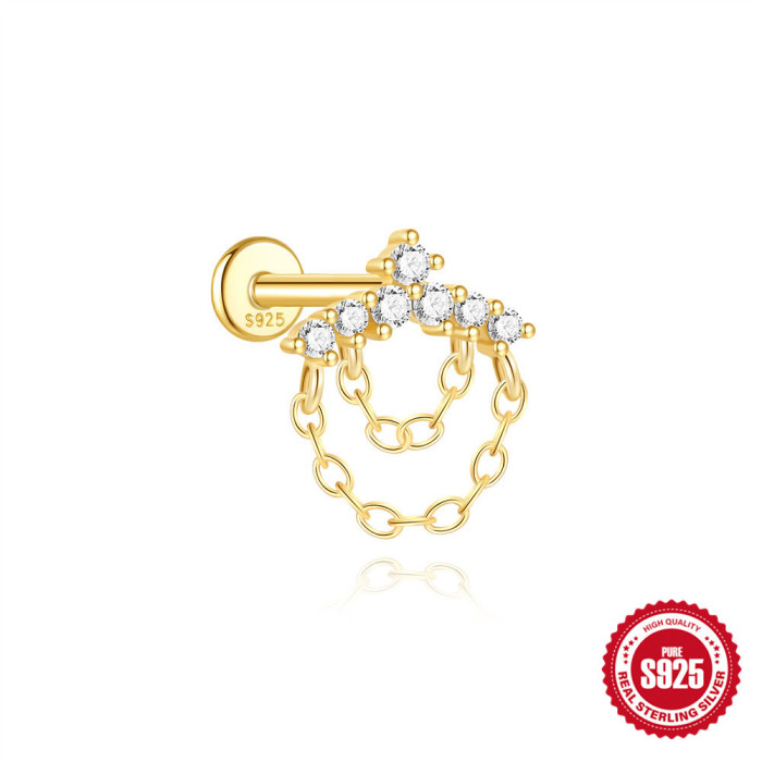 S925 Sterling Silver Single Row Diamond-Studded Tassel Double-Layer Tassel Flat Head Threaded Piercing Ear Bone Stud European and American Personality Ear Jewelry
