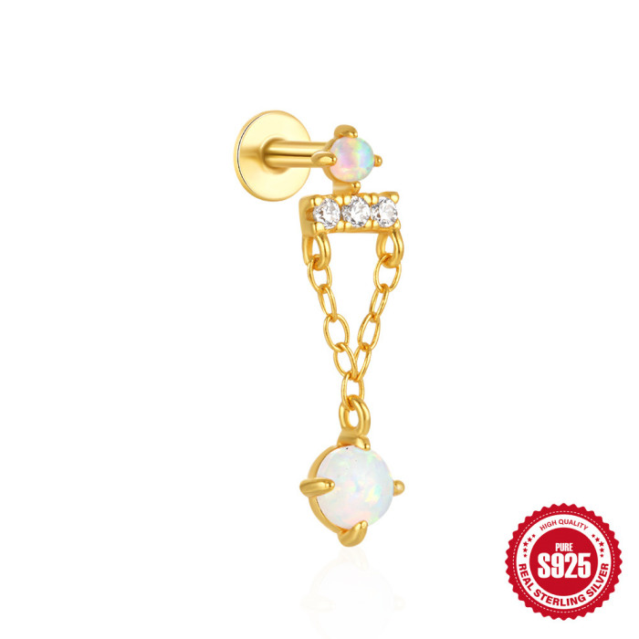 S925 Sterling Silver Crown Horse Eye Opal Inlaid Diamond Soft Bone Flat Spiral Piercing Ear Bone Stud European and American Hot-Selling Ear Jewelry