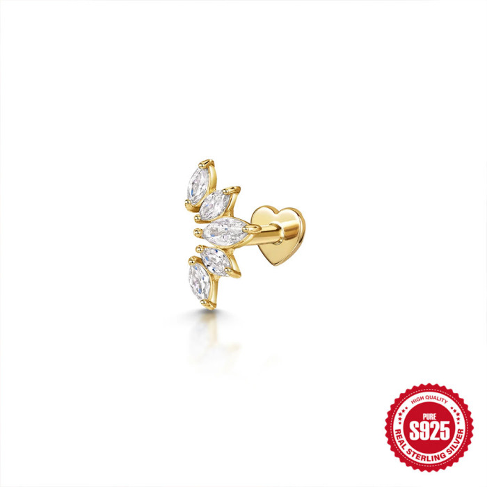 925 Sterling Silver INS Style Inlaid Diamond Octagonal Star Heart Flat Head Soft Bone Piercing Ear Bone Stud European and American New Style Threaded Earrings