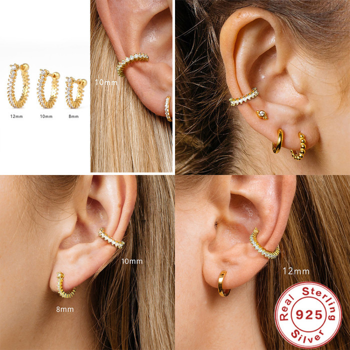 S925 Sterling Silver Single Row Diamond-Studded Hoop Earrings Four-Prong Piercing Cartilage Earrings Studs European and American Classic Elegant Threaded Ear Jewelry