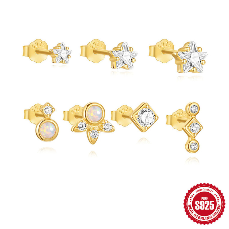 S925 Sterling Silver Geometric Opal Fashion Set Earrings Amazon Hot Selling Diamond-Studded Pentagram Earrings Jewelry