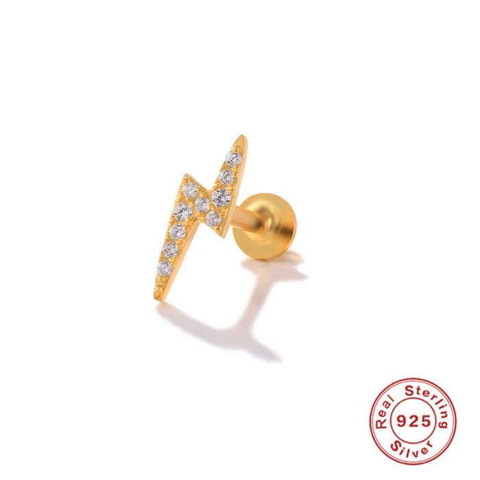 S925 Sterling Silver Lightning Inlaid Diamond Flat Head Threaded Piercing Cartilage Earrings European and American Hot Selling Personality INS Ear Cartilage Ear Jewelry